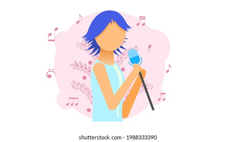 Abstract Flat Woman Singing With Microphone Cartoon People Character Concept Illustration Vector Design Style With Leaves Song Festival Concert Performance