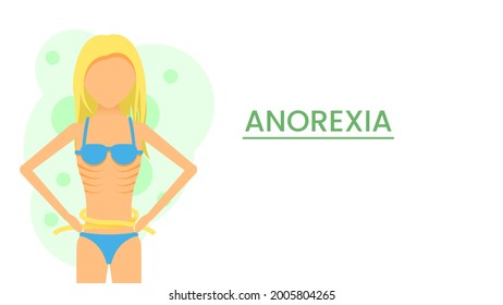 Abstract Flat Woman Skinny Girl WIth Measuring Tape Measures The Waist In Panties And Bra Grabbed Her Head Cartoon People Character Concept Illustration Vector Design Style Lack Of Weight Anorexia