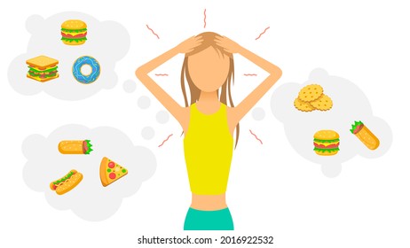 Abstract Flat Woman Skinny Girl Grabbed Her Head With Clouds With Food Cartoon People Character Concept Illustration Vector Design Style Lack Of Weight Anorexia