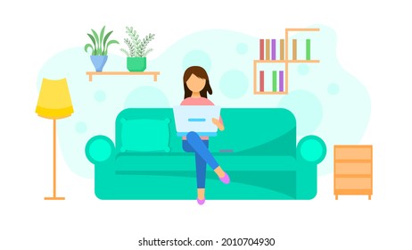 Abstract Flat Woman Working From Home Freelance With Laptop Notebook On The Sofa Cartoon People Character Concept Illustration Vector Design Style With Lamp, Flower, Shelves With Books, Nightstand