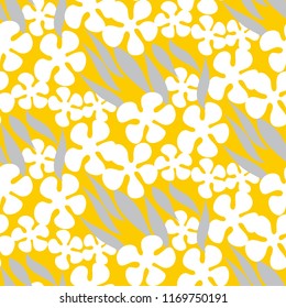 Abstract flat yellow flower seamless pattern. Naive summer bright gold floral repeatable motif. Fabric rapport with black and white decorative flowers.
