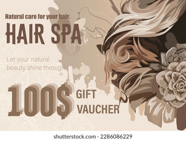 Abstract flayer for a beauty salon with curly hair and flowers. Vector conceptual design