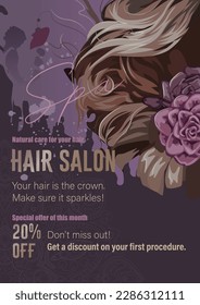 Abstract flayer for a beauty salon with curly hair and flowers. Vector conceptual design