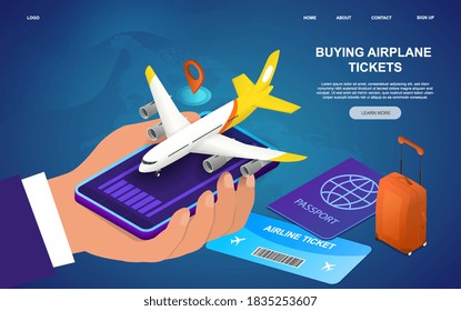 Abstract flight booking service concept with man holding smartphone and buying tickets for travel by aircraft. Modern isometric vector illustration for airline advertisement. Website page template