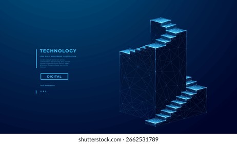 Abstract flight of stairs.Career boosting concept. Digital stairway on a technology blue background. Business success, mission, and vision. Futuristic tech bg. Low poly wireframe vector illustration.