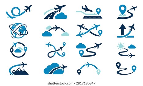 Abstract flight trajectories over mountains and clouds for recreational aviation graphics.