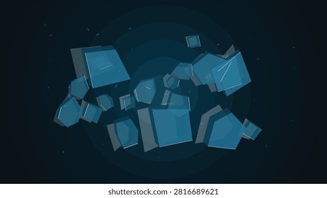 Abstract floating blue geometric cubes with transparent glass blocks and dynamic spatial composition on a dark futuristic technology background