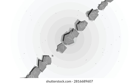 Abstract floating gray geometric crystal blocks arranged along a diagonal axis with minimalist spatial composition on a clean white technology background