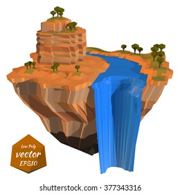 Abstract floating island with a rock waterfall. Low poly style. Vector illustration