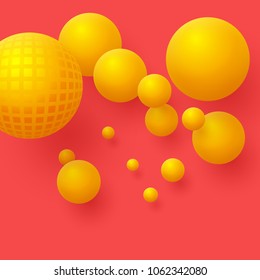 Abstract floating spheres background. 3d yellow balls on the red background. Vector illustration.
