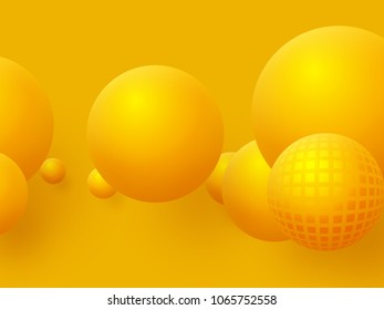 Abstract floating spheres background. 3d yellow balls on the yellow background. Vector illustration.