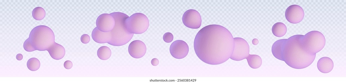 Abstract floating spherical blobs in soft pink and purple gradient. Smooth rounded holographic shapes flow on transparent background. Realistic 3d vector set of fluid decorative metaball elements.