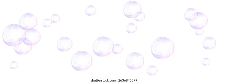 Abstract floating spherical blobs in soft pink and purple gradient. Smooth rounded holographic shapes flow on transparent background. Realistic vector set of fluid decorative metaball elements.