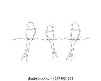 Abstract flock,three birds sitting on a wire, swallow,swift, continuous one line art hand drawing