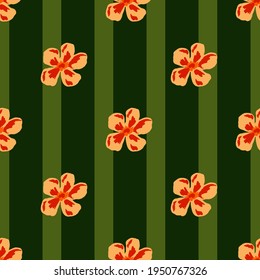 Abstract flora seamless pattern with orange flower bud elements. Green striped background. Decorative backdrop for fabric design, textile print, wrapping, cover. Vector illustration.