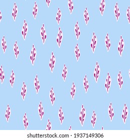 Abstract flora seamless pattern with pink doodle leaves silhouettes. Blu pastel background. Simple style. Decorative backdrop for fabric design, textile print, wrapping, cover. Vector illustration.