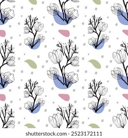 Fondo simple de la flora abstracta. Ilustración vectorial del dibujo de la mano. hermosas flores con ramas y hojas aisladas diseño de la Ilustración vectorial del icono. Patrón sin fisuras.  