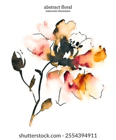 Abstract Floral 04. Watercolor illustration of vector flowers and leaves rendered in soft pink and gold hues, showcasing intricate details and minimalist aesthetic.