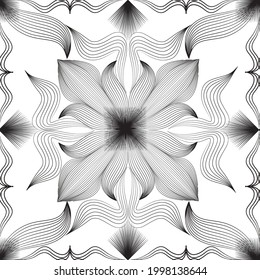 Abstract floral arabesque seamless pattern. Arabic line ornament with flower shapes. Floral orient tile pattern with swirl black lines. Asian ornament. Swirl geometric doodle texture