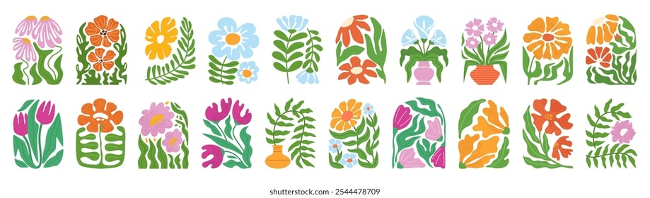 Abstract floral arch. Hand drawn botanical flowers, groovy plants with blooming flower, wavy leaves and decorative vases. Playful retro springtime doodle vector illustration set.