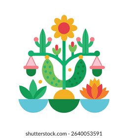 Abstract floral arrangement with cactus flowers and decorative elements