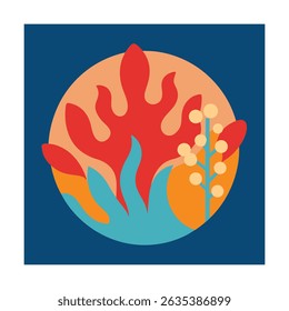 Abstract floral arrangement of colorful elements in a circle on a deep blue background