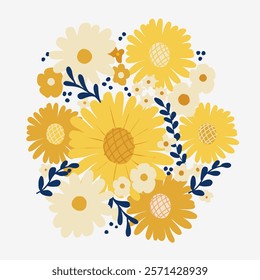 Abstract Floral Arrangement with Yellow Daisies and Blue Leaves – Modern Vector Illustration