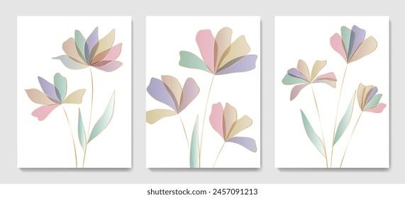 Abstract floral art background with a bouquet of flowers in transparent style with golden line art elements. Botanical set for decoration, print, textiles, wallpaper, interior design.