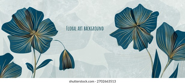 Abstractas fondo de arte floral con flores y hojas azules con Elementos de línea dorada. Un Anuncio botánico con un ramo es perfecto para decoración, estampados, empaques, carteles e interiores.