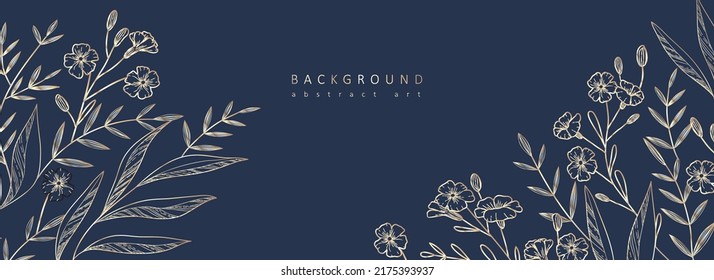 Abstract floral art background. Golden flowers and herbs. and wallpaper. Luxury Botanical cover design with text. Vector art for wallpaper or wall decoration. Hand drawn sketch illustration