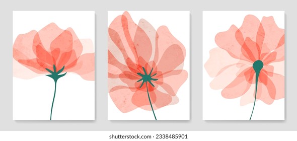 Abstract floral art background hand drawn with rose colored flowers. Botanical poster set for print design, textile, interior design, wallpaper, packaging, invitations, cover.