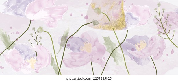 Abstract floral art background vector. Hand painted watercolor botanical spring flowers and line art texture. Art design illustration for wallpaper, poster, banner card, print, web and packaging