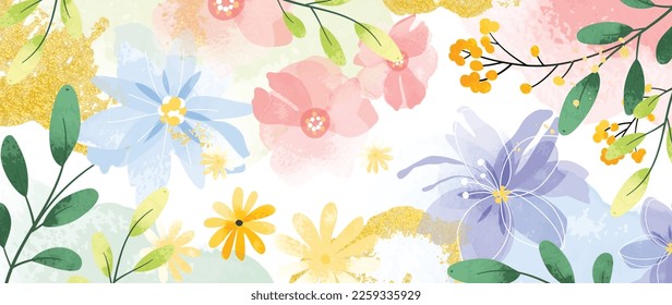 Abstract floral art background vector. Hand painted watercolor botanical spring flowers gold brush stroke texture. Art design illustration for wallpaper, poster, banner card, print, web and packaging