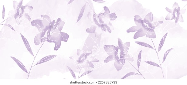 Abstrakter floraler Kunsthintergrund, Vektorgrafik. Luxuriöse Frühlingslilie Blumen und goldene Linie Kunst Aquarell-Hintergrund. Kunstdesign-Illustration für Tapeten, Poster, Bannerkarten, Druck, Web und Verpackungen