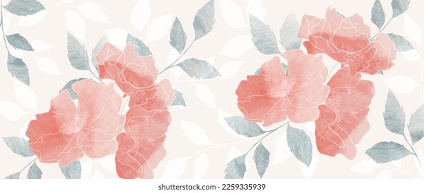 Abstract floral art background vector. Hand painted watercolor botanical spring flowers and line art texture. Art design illustration for wallpaper, poster, banner card, print, web and packaging