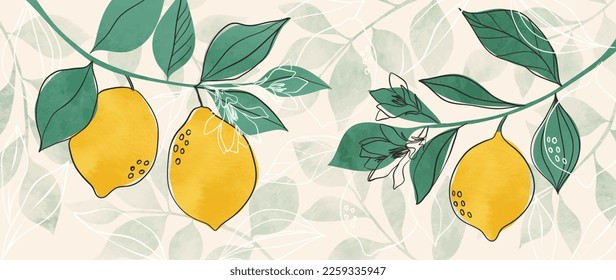 Abstract floral art background vector. Hand painted watercolor tropical lemon leaf branch and line art texture. Art design illustration for wallpaper, poster, banner card, print, web and packaging