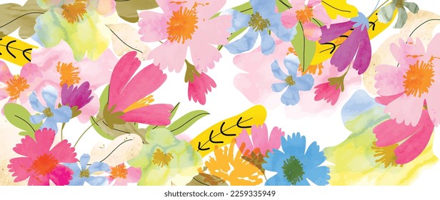 Abstract floral art background vector. Hand painted watercolor botanical spring wildflowers texture background. Art design illustration for wallpaper, poster, banner card, print, web and packaging