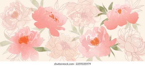 Abstract floral art background vector. Hand painted watercolor botanical spring flowers and line art texture. Art design illustration for wallpaper, poster, banner card, print, web and packaging