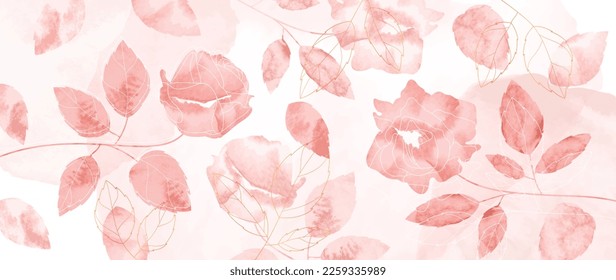 Abstract floral art background vector. Luxury spring rose flowers and gold line art watercolor texture background. Art design illustration for wallpaper, poster, banner card, print, web and packaging