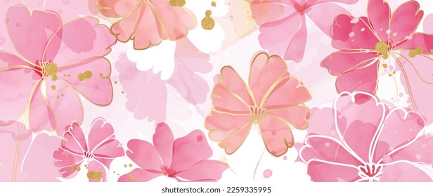 Abstract floral art background vector. Hand painted watercolor botanical spring wildflower gold line art texture. Art design illustration for wallpaper, poster, banner card, print, web and packaging