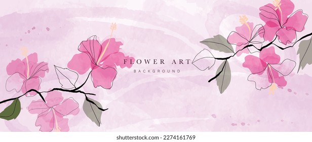 Abstract floral art background vector. Botanical watercolor hand painted pink hibiscus flowers, leaf branch line art. Design for wallpaper, banner, print, poster, cover, greeting, invitation card.
