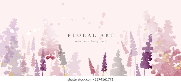 Resumen del vector de fondo de arte floral. Flores silvestres dibujadas a mano de acuarela botánica pinta pincel con textura de tinta dorada. Diseño para papel pintado, banner, imprimir, afiche, portada, saludo y tarjeta de invitación.