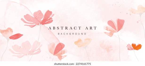 Abstract floral art background vector. Botanical watercolor hand drawn pale red wildflowers paint brush. Design illustration for wallpaper, banner, print, poster, cover, greeting and invitation card.