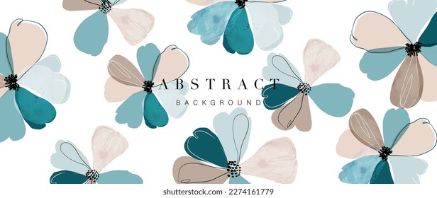Abstract floral art background vector. Botanical watercolor hand drawn flowers paint brush line art. Design illustration for wallpaper, banner, print, poster, cover, greeting and invitation card.