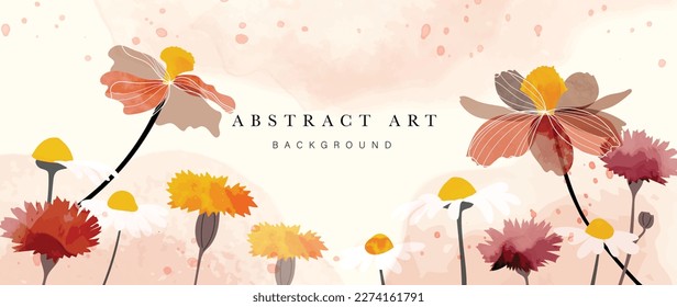 Abstract floral art background vector. Botanical watercolor hand drawn flowers paint brush line art. Design illustration for wallpaper, banner, print, poster, cover, greeting and invitation card.