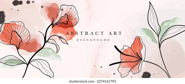 Abstract floral art background vector. Botanical watercolor hand drawn flowers paint brush line art. Design illustration for wallpaper, banner, print, poster, cover, greeting and invitation card.