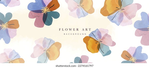 Abstract floral art background vector. Botanical watercolor hand drawn wildflowers paint brush. Minimal design illustration for wallpaper, banner, print, poster, cover, greeting and invitation card.