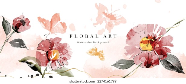 Abstract floral art background vector. Botanical watercolor hand drawn flowers paint brush line art. Design illustration for wallpaper, banner, print, poster, cover, greeting and invitation card.