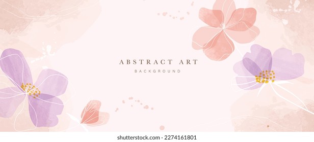 Abstract floral art background vector. Botanical watercolor hand painted pastel color flowers with white line art. Design for wallpaper, banner, print, poster, cover, greeting, invitation card.