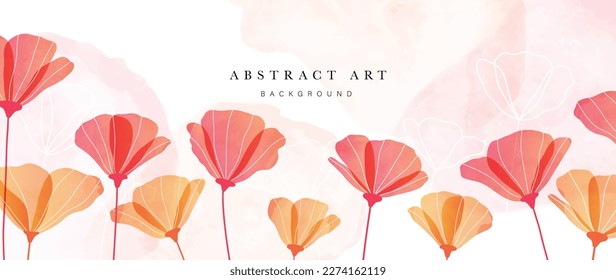 Abstract floral art background vector. Watercolor flowers with line art and red flowers, orange flowers. Art design illustration for wallpaper, poster, banner card, print, web and packaging.